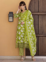 Thumbnail for Flower Embellished And Printed Kurta With Pant & Dupatta, Green - Hiral Fashion - Distacart