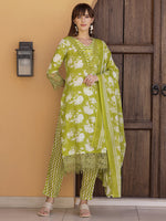 Thumbnail for Flower Embellished And Printed Kurta With Pant & Dupatta, Green - Hiral Fashion - Distacart
