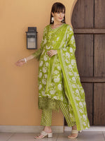 Thumbnail for Flower Embellished And Printed Kurta With Pant & Dupatta, Green - Hiral Fashion - Distacart
