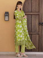 Thumbnail for Flower Embellished And Printed Kurta With Pant & Dupatta, Green - Hiral Fashion - Distacart