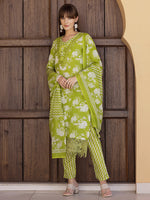 Thumbnail for Flower Embellished And Printed Kurta With Pant & Dupatta, Green - Hiral Fashion - Distacart