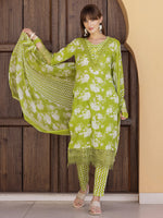 Thumbnail for Flower Embellished And Printed Kurta With Pant & Dupatta, Green - Hiral Fashion - Distacart