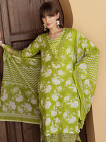 Thumbnail for Flower Embellished And Printed Kurta With Pant & Dupatta, Green - Hiral Fashion - Distacart