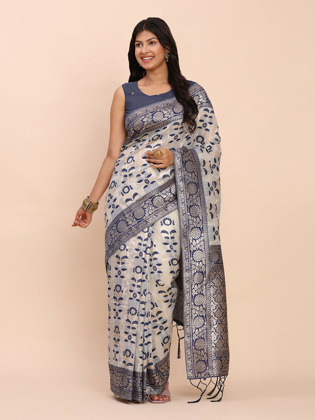 Shree Shyam Fashion Linen Cotton Navy Blue Saree - Distacart