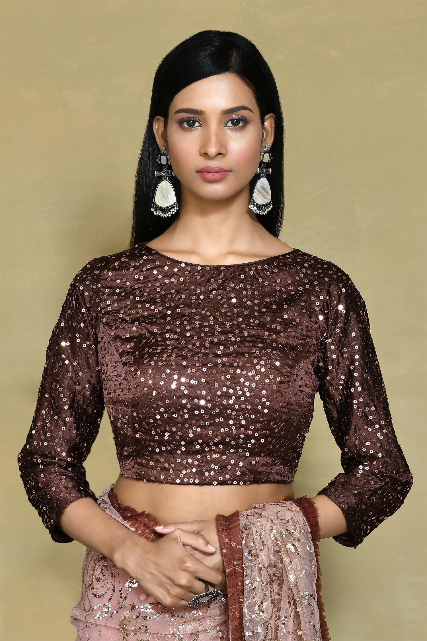 Brown Net Sequence Embroidered Festive Saree - Nimaya Denzy - Distacart