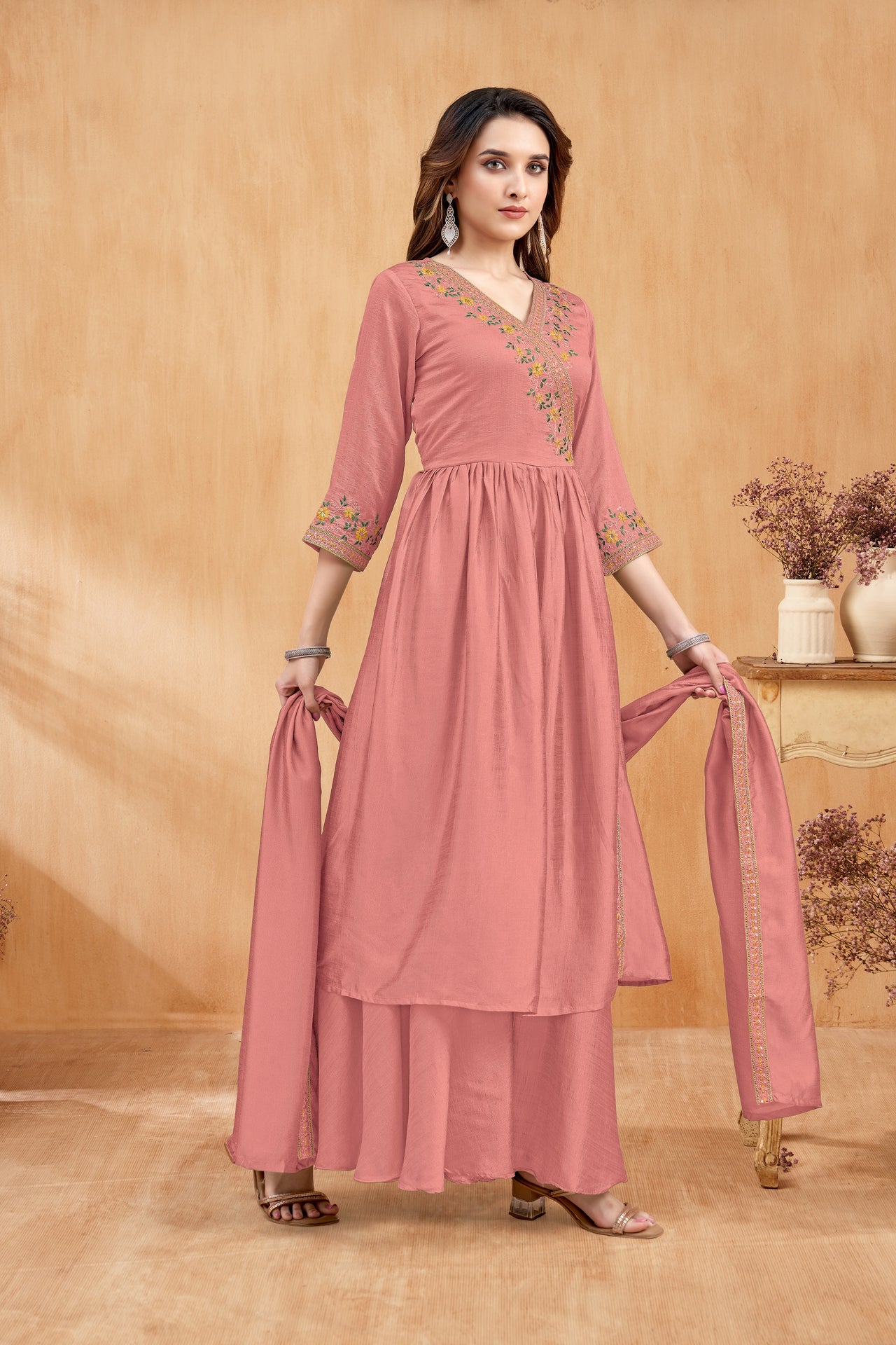 Vedant Vastram Angrakha Style Stitched Kurta Palazzo Dupatta Set for Women - Dista