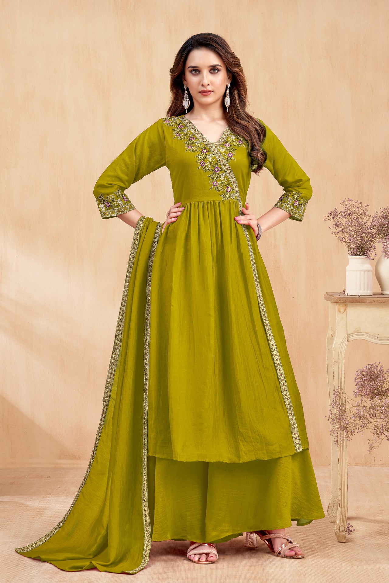 Vedant Vastram Angrakha Style Stitched Kurta Palazzo Dupatta Set for Women - Dista