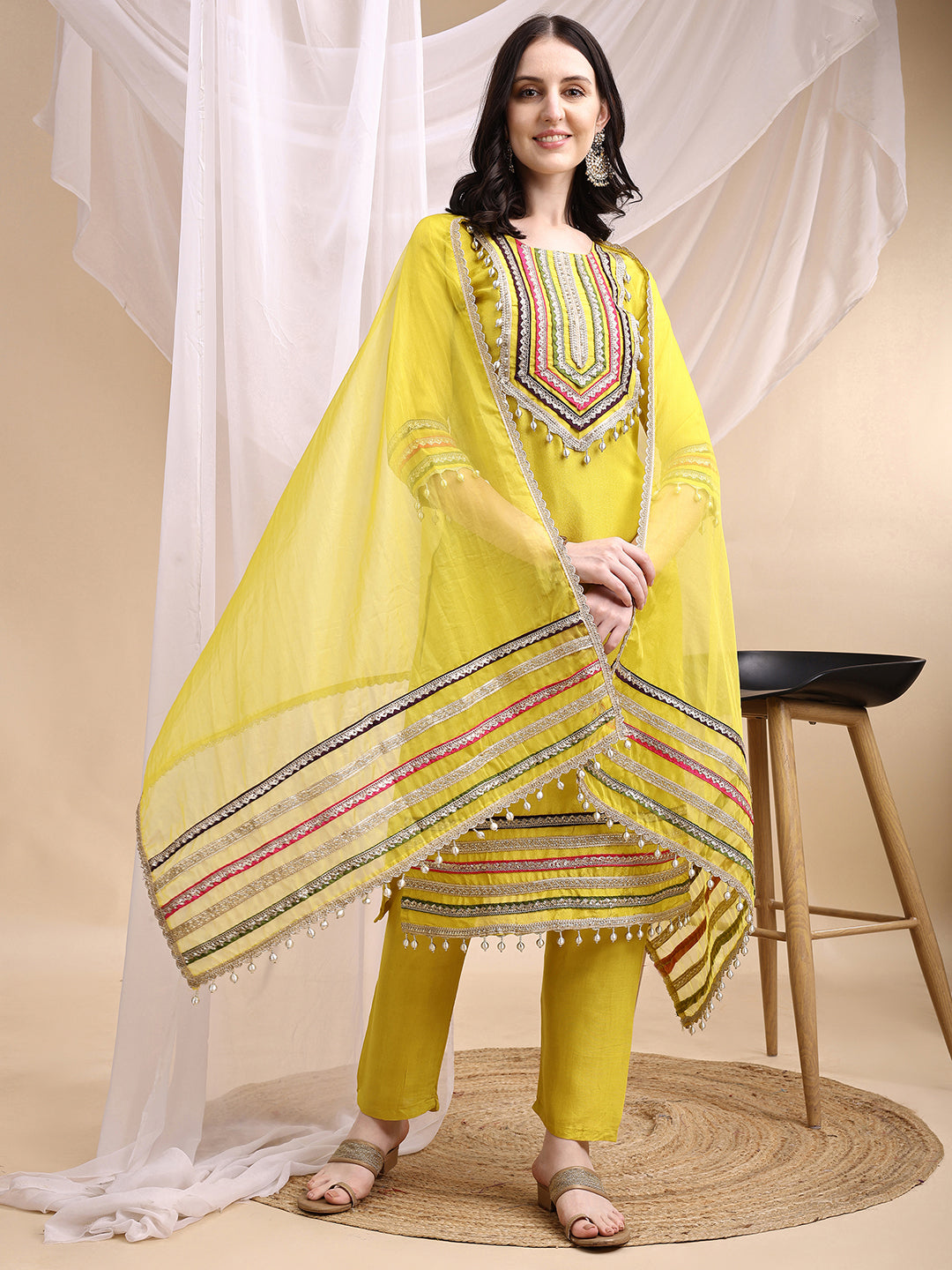 Hand Embroidered Kurta With Pant & Dupatta, Mustard - Hiral Fashion - Dista