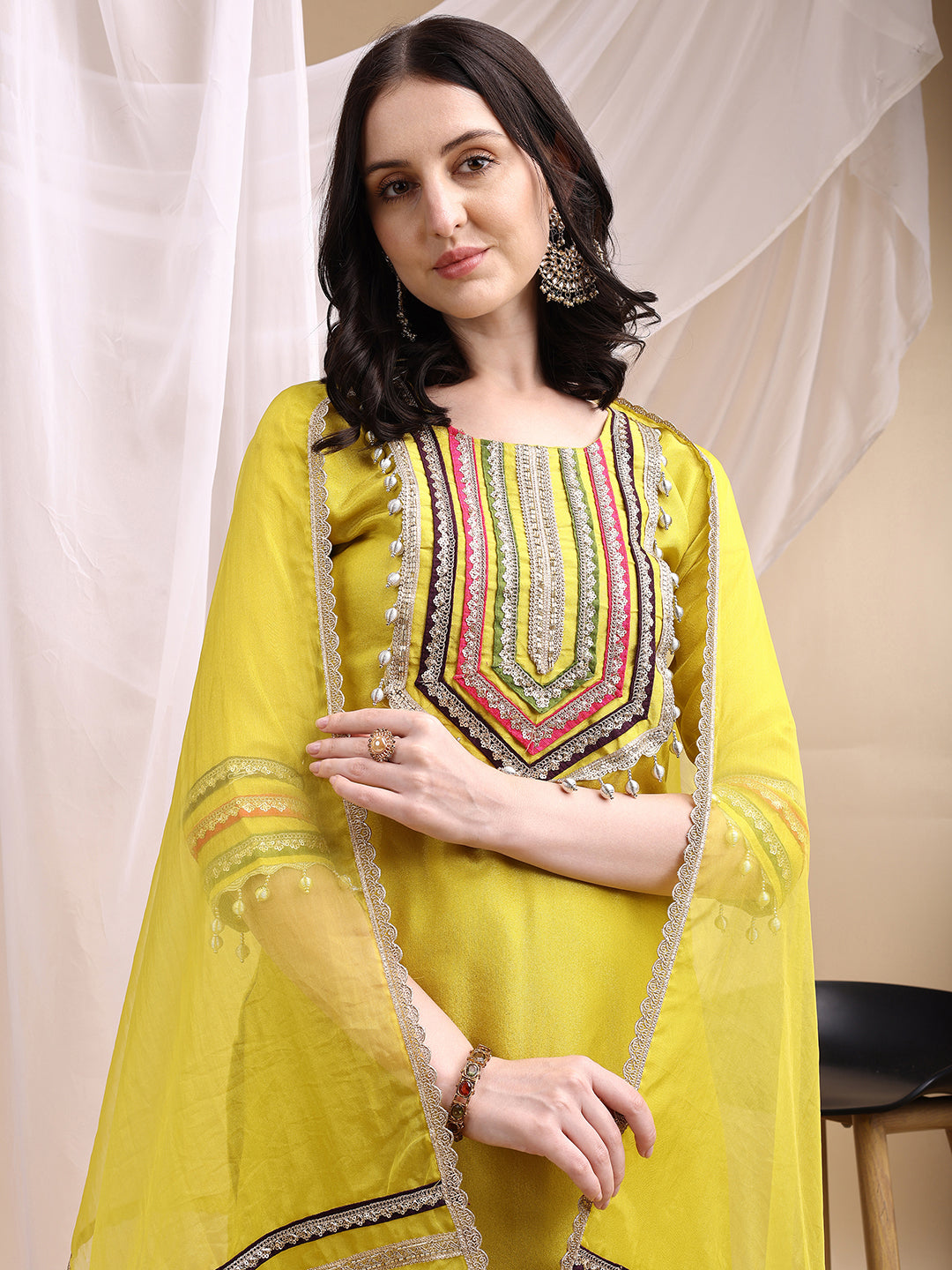 Hand Embroidered Kurta With Pant & Dupatta, Mustard - Hiral Fashion - Dista