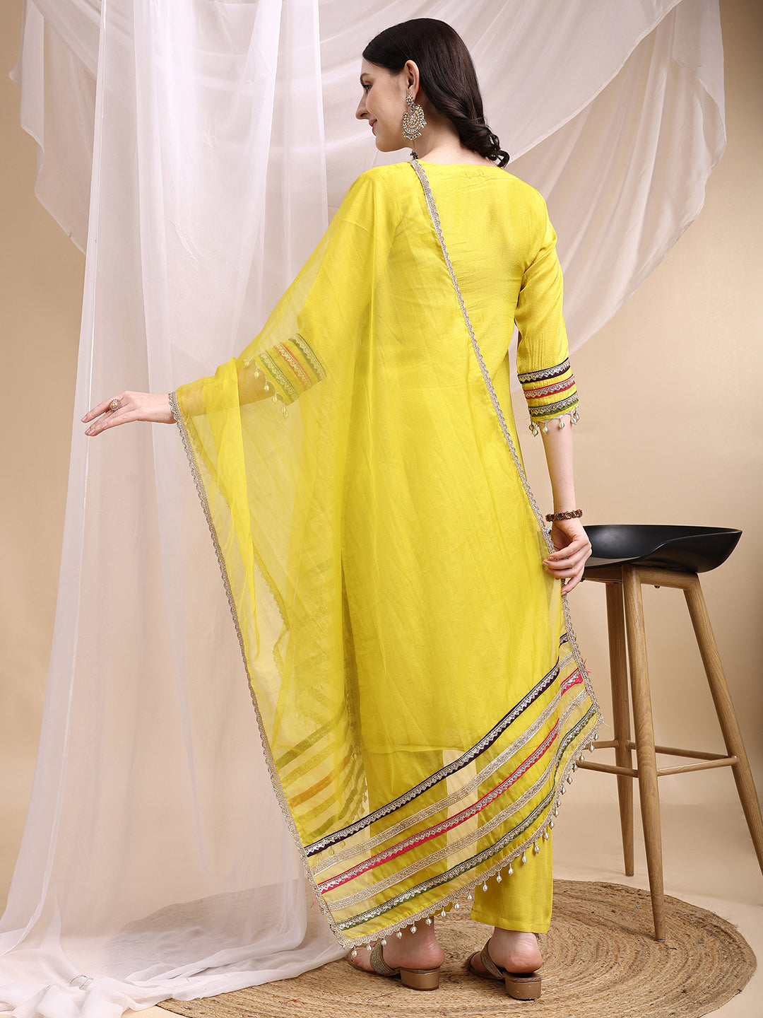 Hand Embroidered Kurta With Pant & Dupatta, Mustard - Hiral Fashion - Dista