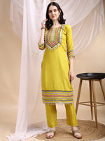 Thumbnail for Hand Embroidered Kurta With Pant & Dupatta, Mustard - Hiral Fashion - Dista