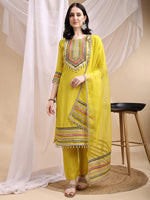 Thumbnail for Hand Embroidered Kurta With Pant & Dupatta, Mustard - Hiral Fashion - Dista