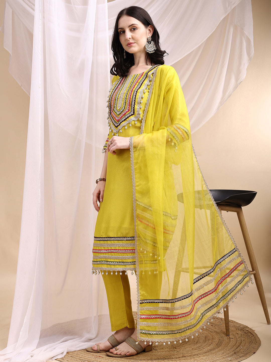 Hand Embroidered Kurta With Pant & Dupatta, Mustard - Hiral Fashion - Dista
