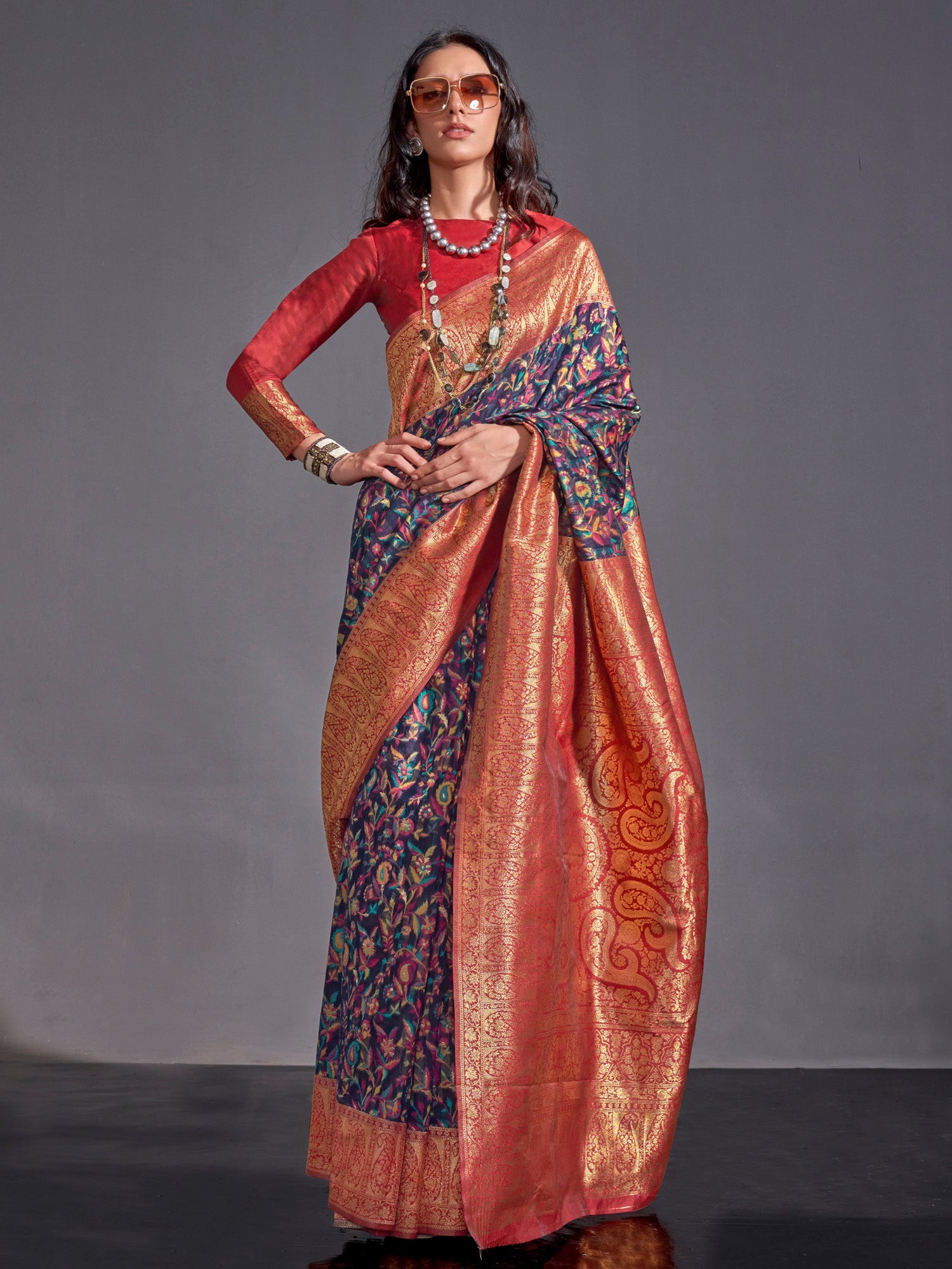 NOZ2TOZ Women's Silk Blend Navy Blue Woven Design Designer Saree With Blouse Piece - Distacart