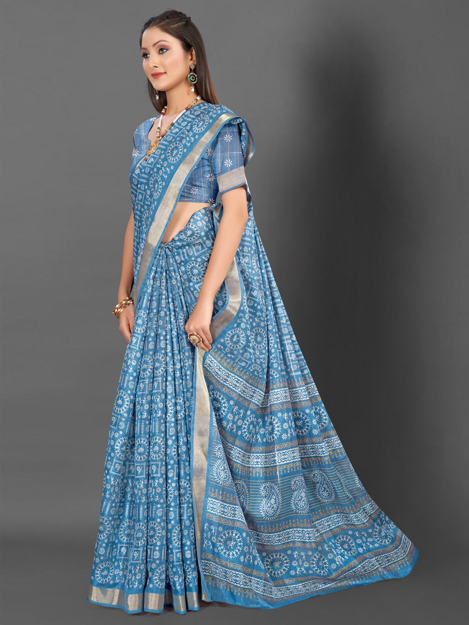 NOZ2TOZ Women's Silk Blend Blue Printed Designer Saree With Blouse Piece - Distacart