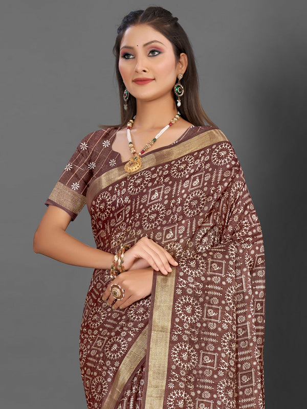 NOZ2TOZ Women's Silk Blend Brown Printed Designer Saree With Blouse Piece - Distacart