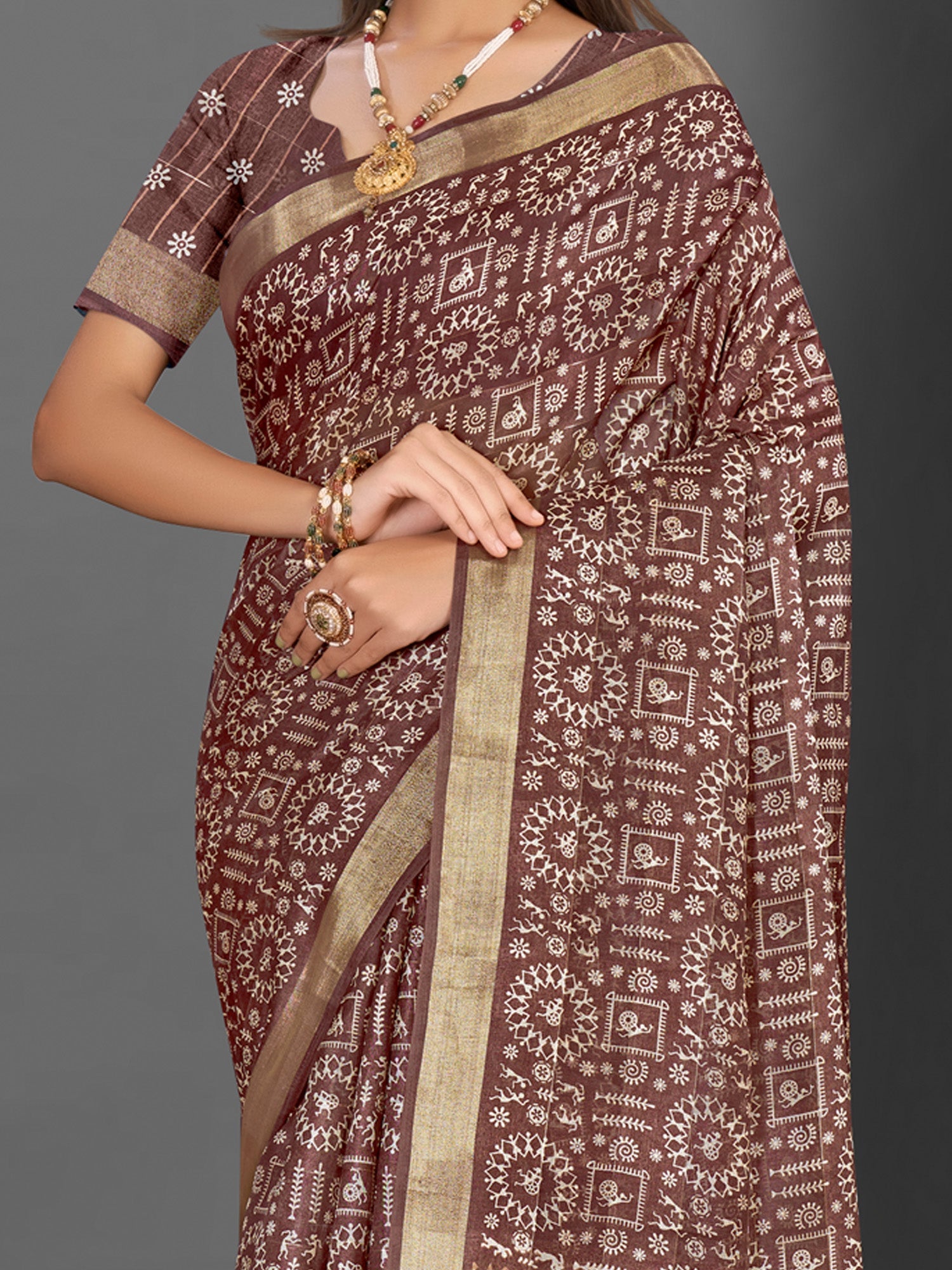 NOZ2TOZ Women's Silk Blend Brown Printed Designer Saree With Blouse Piece - Distacart