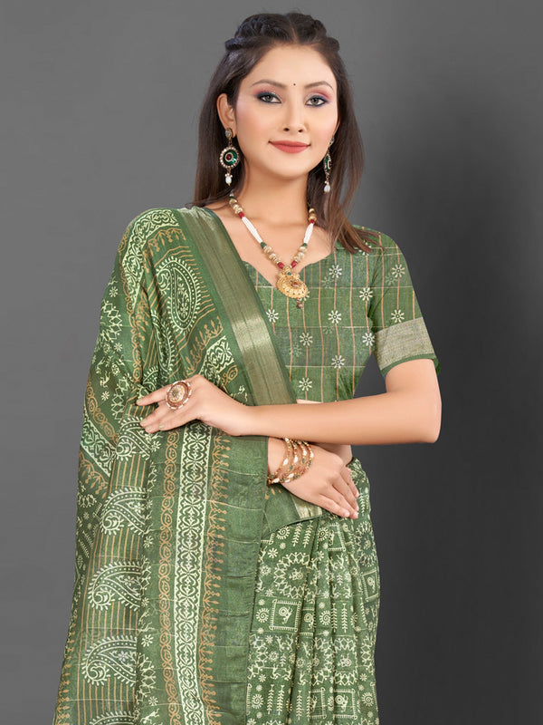 NOZ2TOZ Women's Silk Blend Olive Printed Designer Saree With Blouse Piece - Distacart