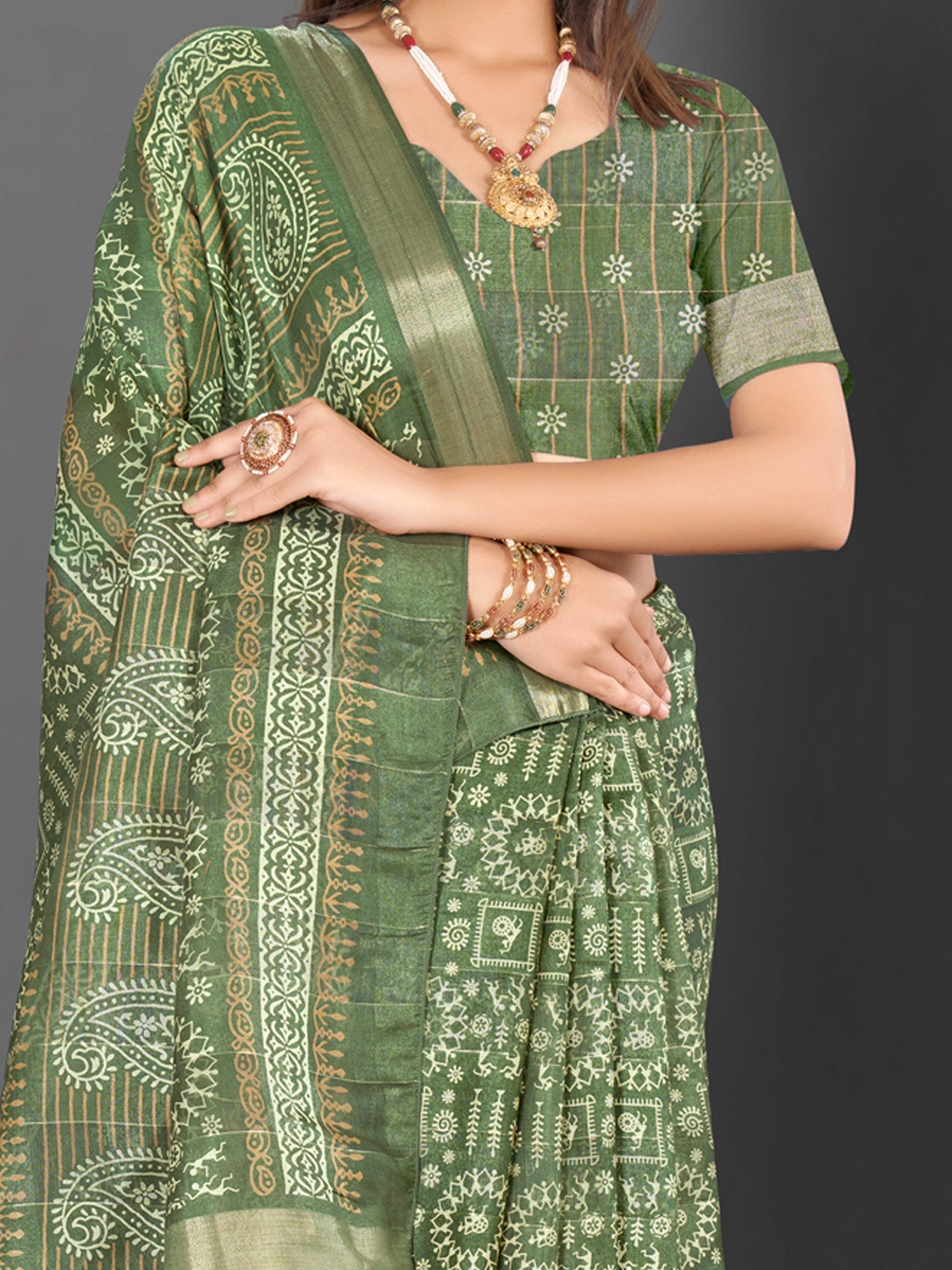NOZ2TOZ Women's Silk Blend Olive Printed Designer Saree With Blouse Piece - Distacart