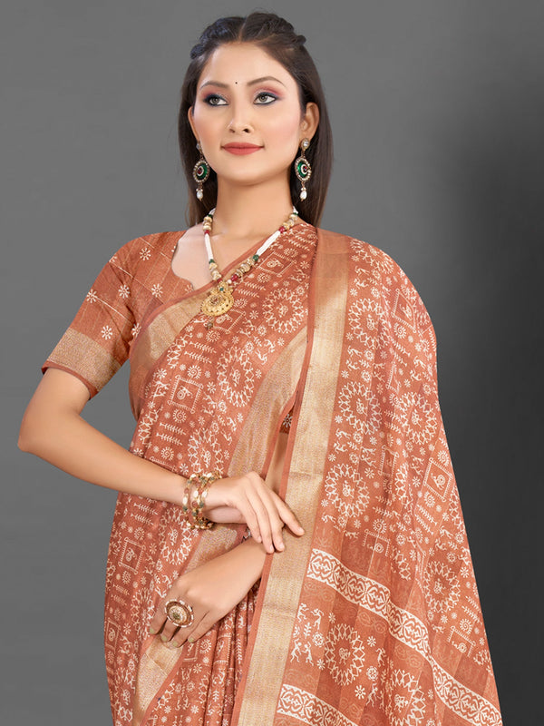 NOZ2TOZ Women's Silk Blend Peach Printed Designer Saree With Blouse Piece - Distacart