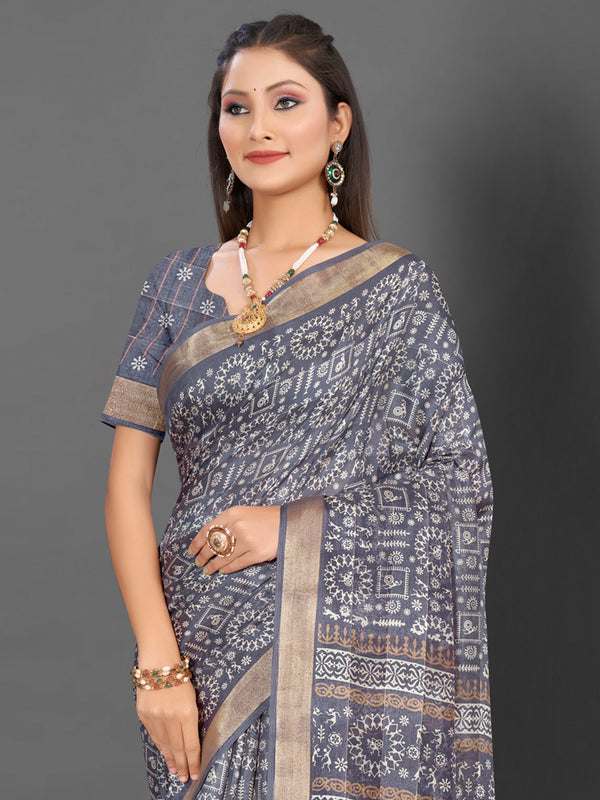 NOZ2TOZ Women's Silk Blend Grey Printed Designer Saree With Blouse Piece - Distacart