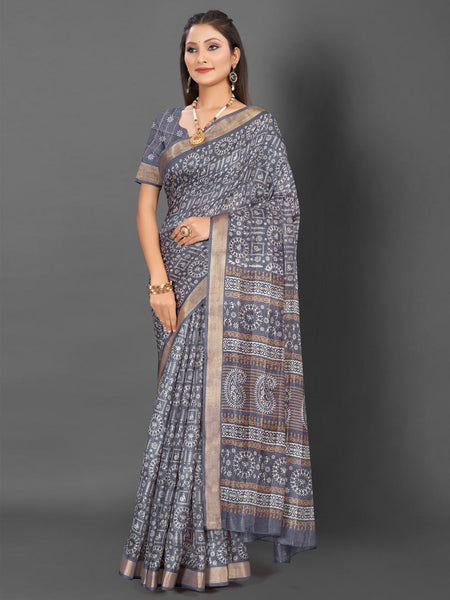 NOZ2TOZ Women's Silk Blend Grey Printed Designer Saree With Blouse Piece - Distacart