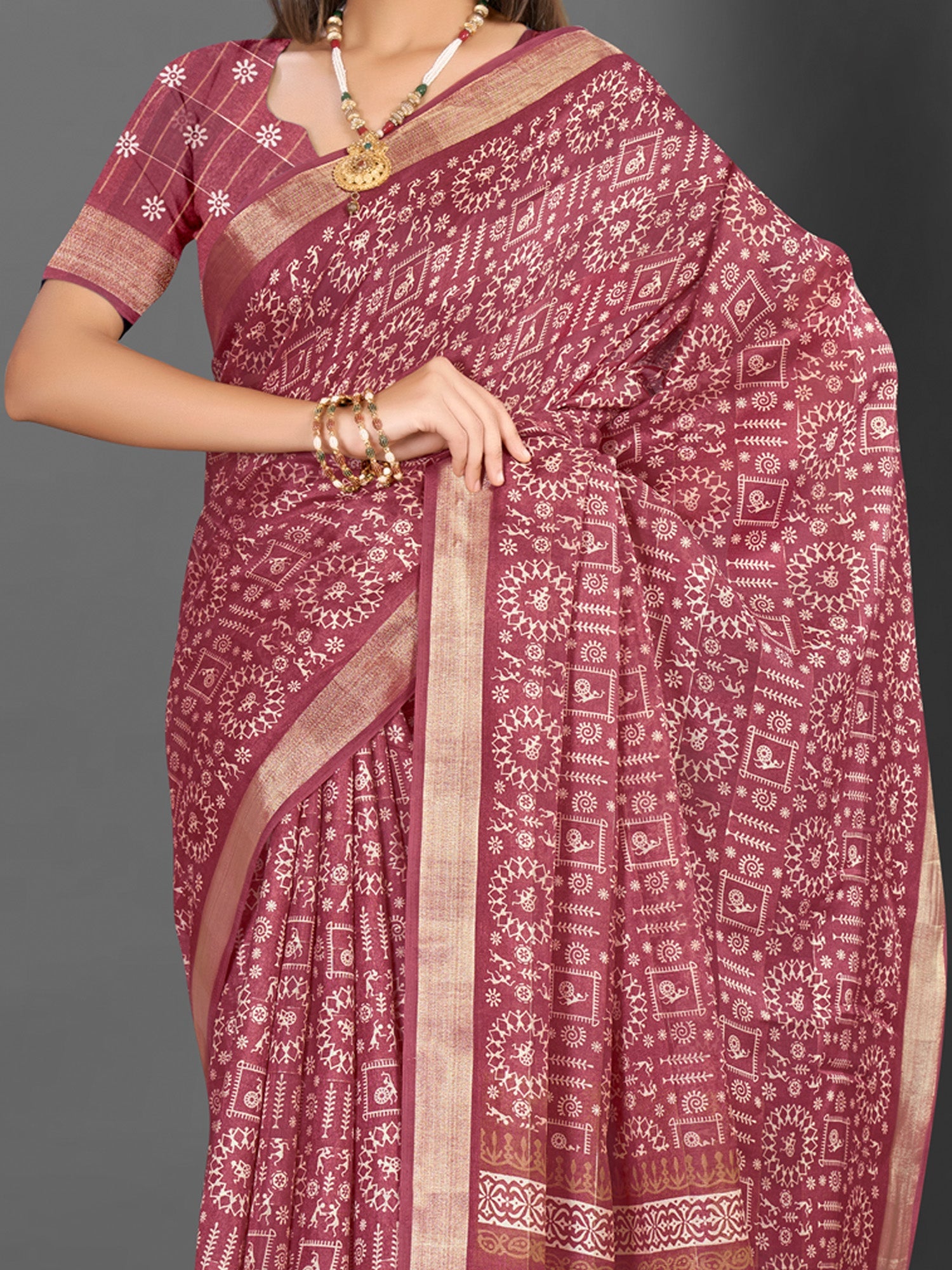 NOZ2TOZ Women's Silk Blend Rose Gold Printed Designer Saree With Blouse Piece - Distacart