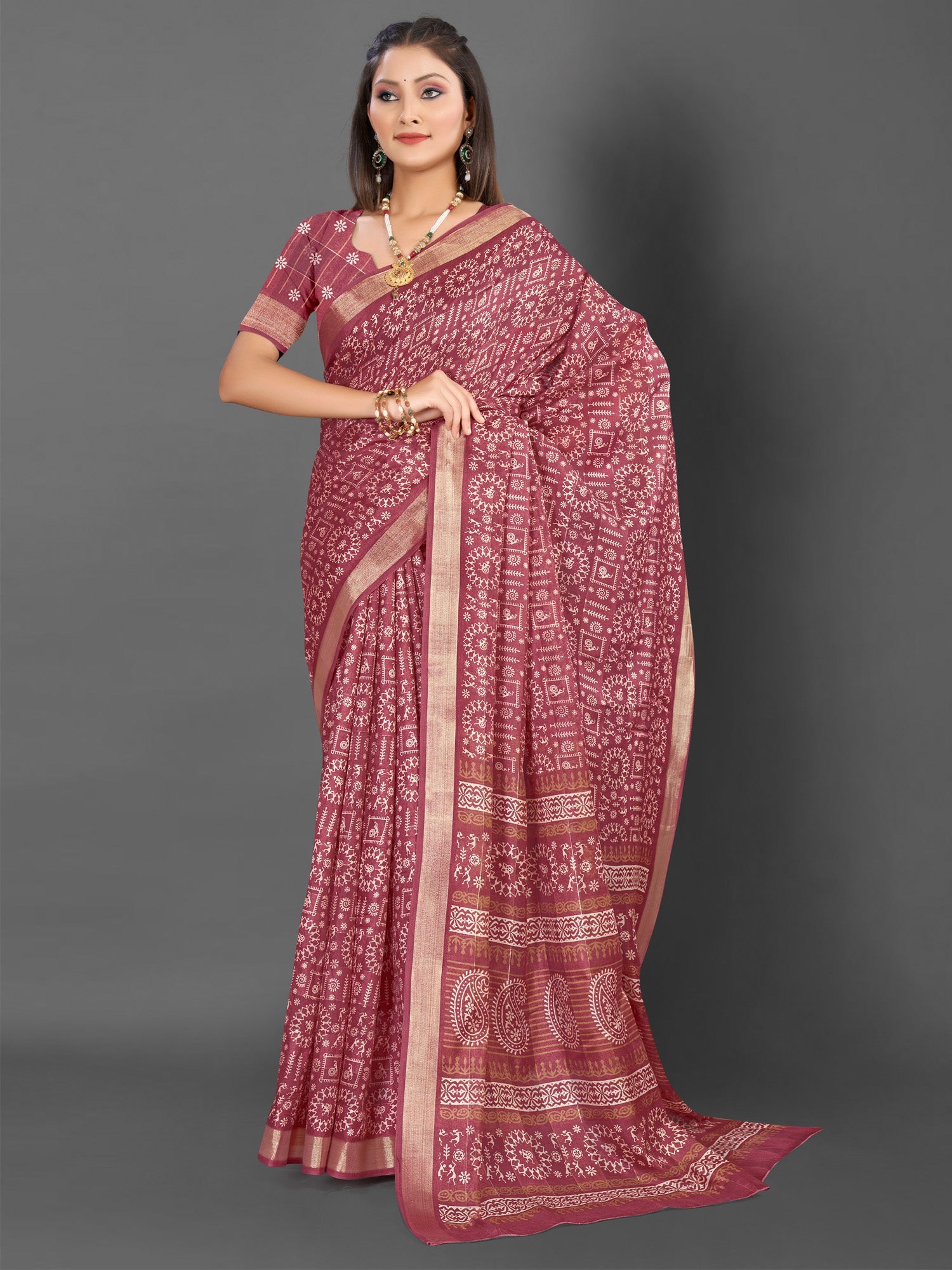 NOZ2TOZ Women's Silk Blend Rose Gold Printed Designer Saree With Blouse Piece - Distacart