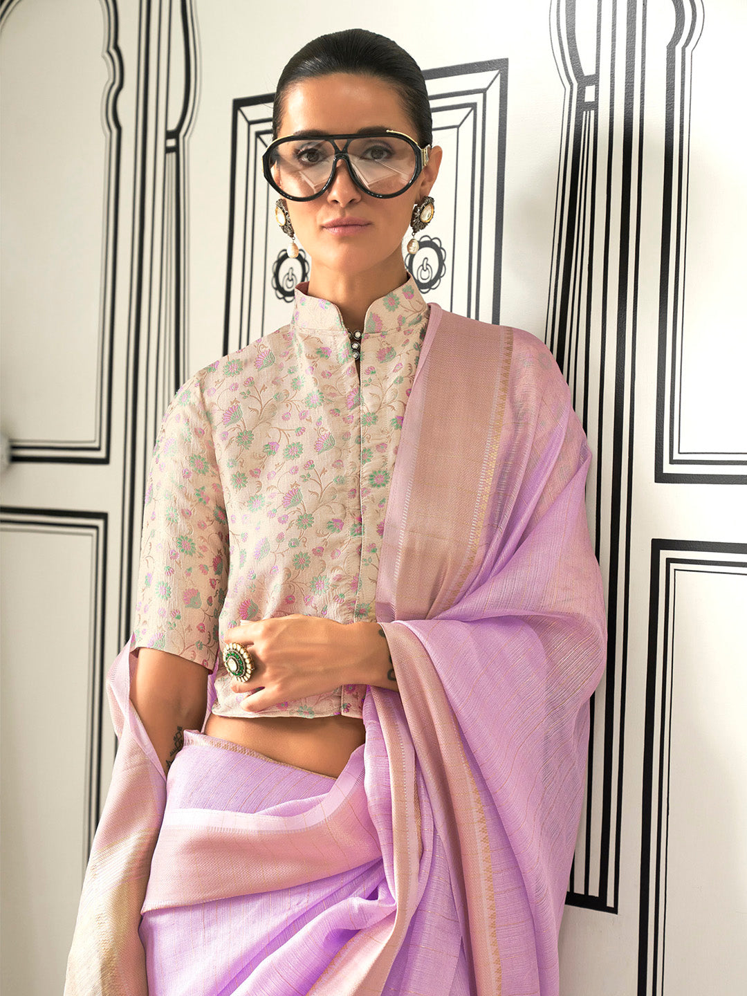 NOZ2TOZ Women's Pure Chiffon Cream Woven Design Designer Saree With Blouse Piece - Distacart