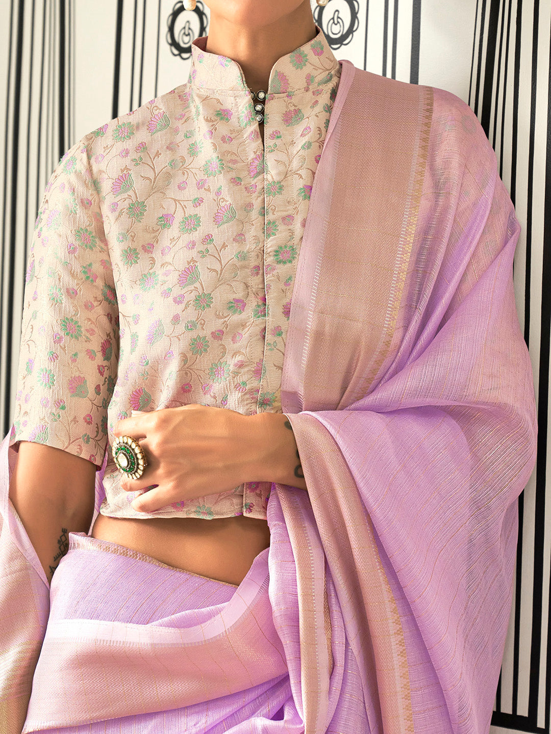 NOZ2TOZ Women's Pure Chiffon Cream Woven Design Designer Saree With Blouse Piece - Distacart