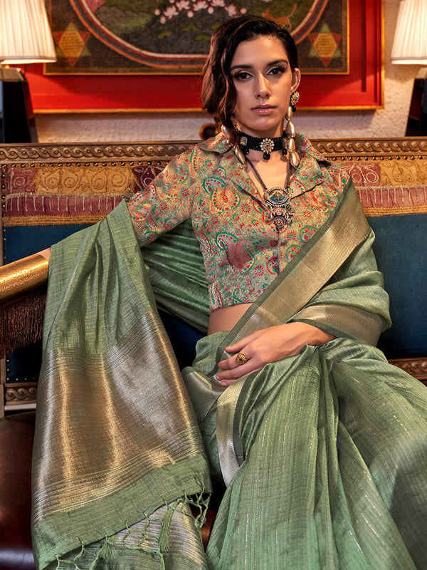 NOZ2TOZ Women's Chiffon Light Green Woven Design Designer Saree With Blouse Piece - Distacart