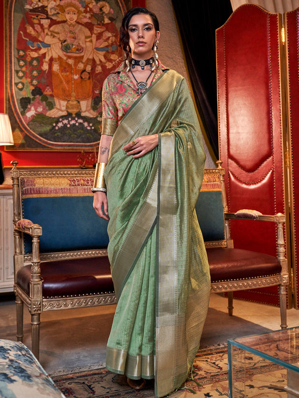 NOZ2TOZ Women's Chiffon Light Green Woven Design Designer Saree With Blouse Piece - Distacart