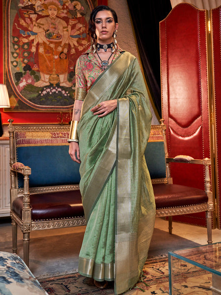 NOZ2TOZ Women's Chiffon Light Green Woven Design Designer Saree With Blouse Piece - Distacart