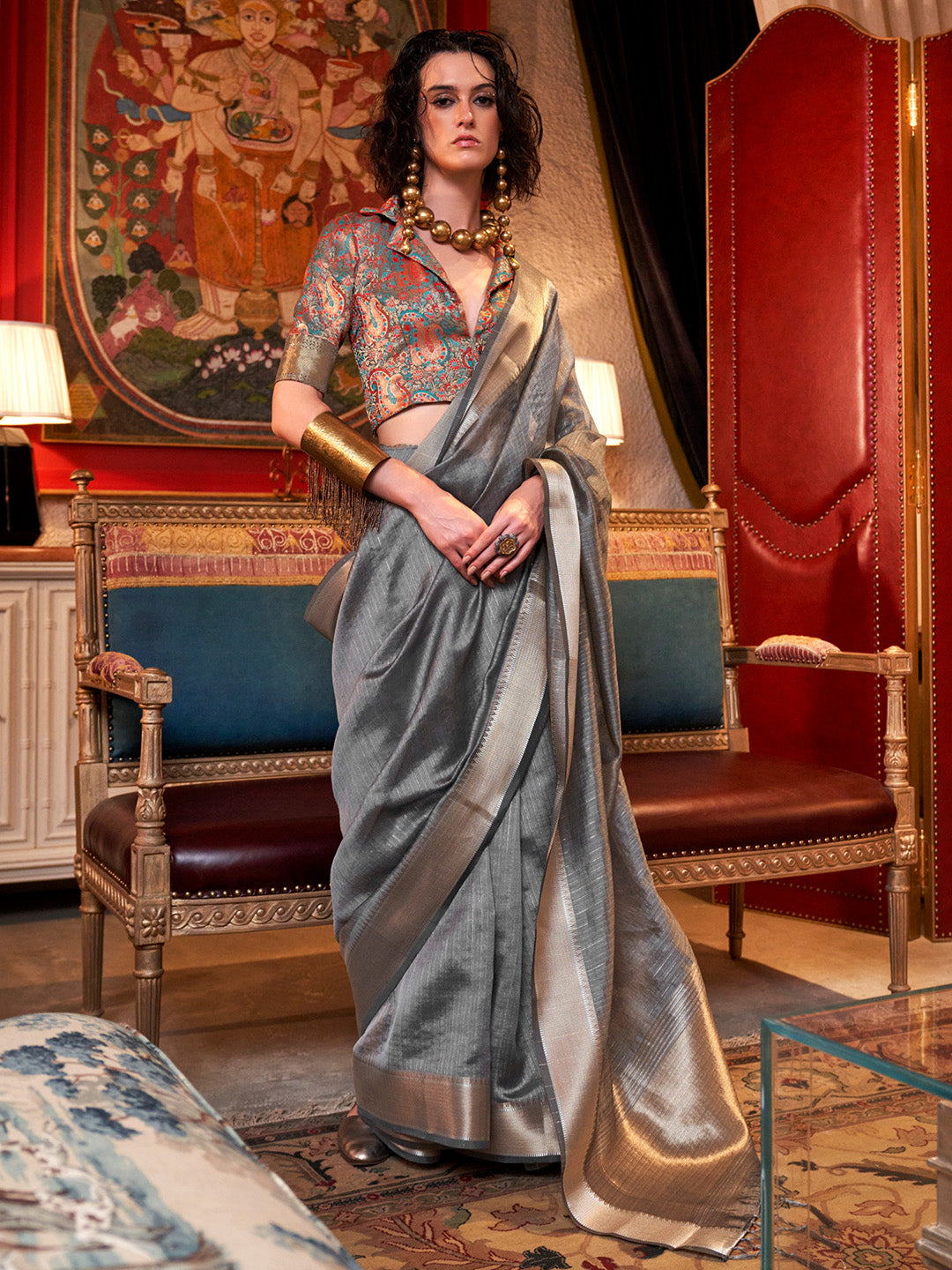 NOZ2TOZ Women's Chiffon Grey Woven Design Designer Saree With Blouse Piece - Distacart