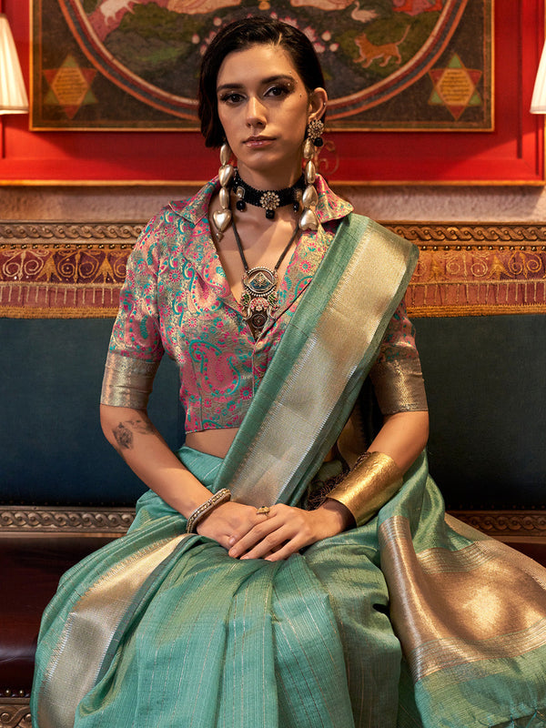 NOZ2TOZ Women's Chiffon Turquoise Woven Design Designer Saree With Blouse Piece - Distacart