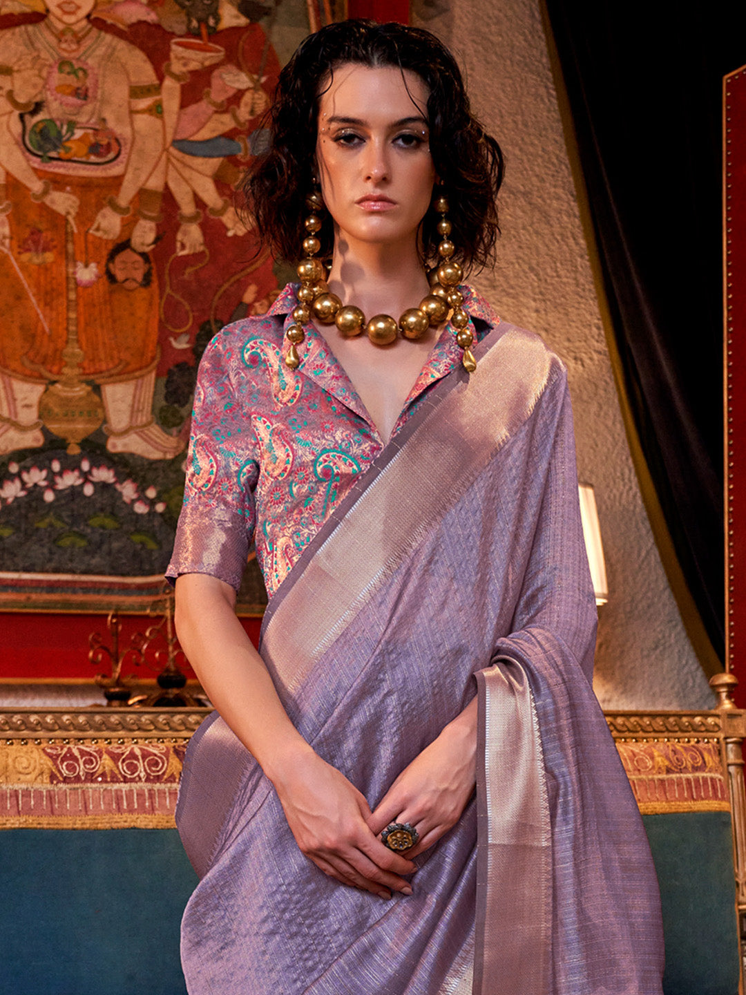 NOZ2TOZ Women's Chiffon Lavender Woven Design Designer Saree With Blouse Piece - Distacart