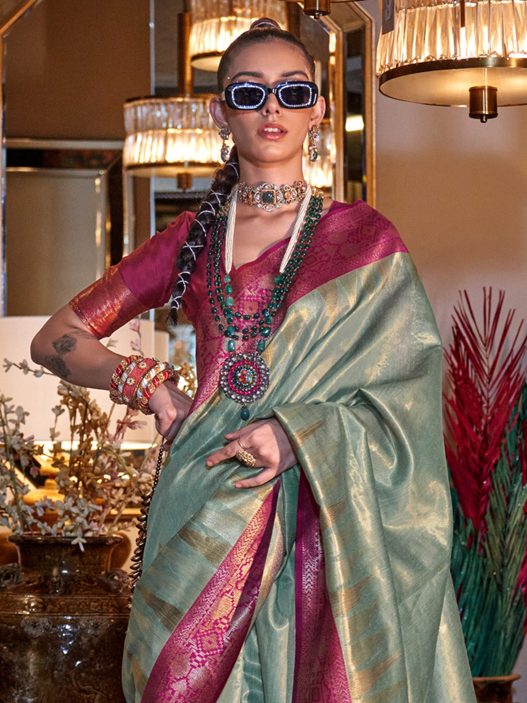 NOZ2TOZ Women's Tissue Pink Woven Design Designer Saree With Blouse Piece - Distacart