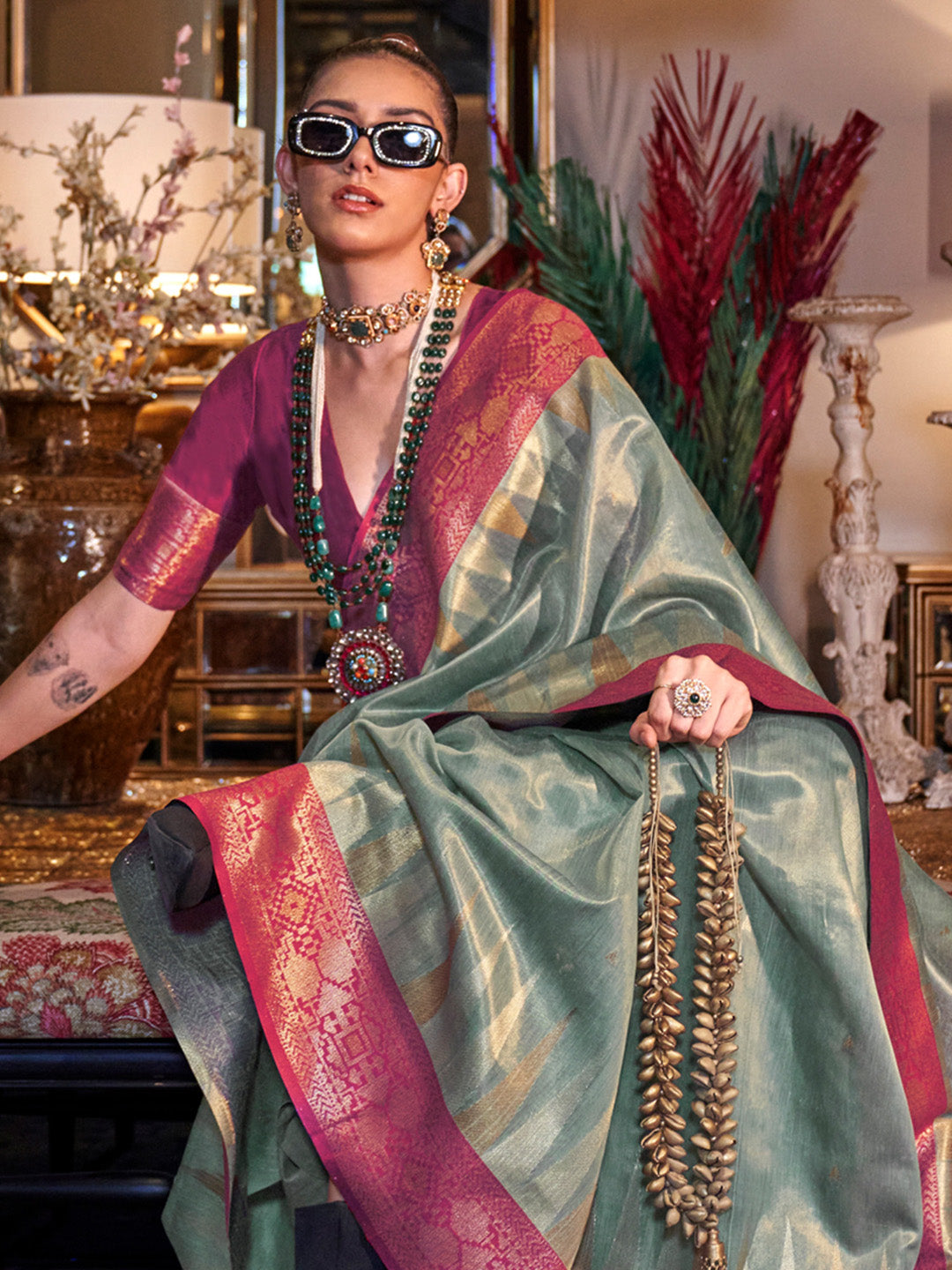 NOZ2TOZ Women's Tissue Pink Woven Design Designer Saree With Blouse Piece - Distacart