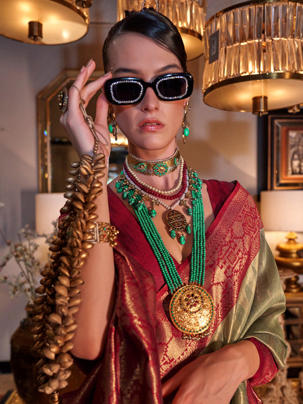 NOZ2TOZ Women's Tissue Maroon Woven Design Designer Saree With Blouse Piece - Distacart