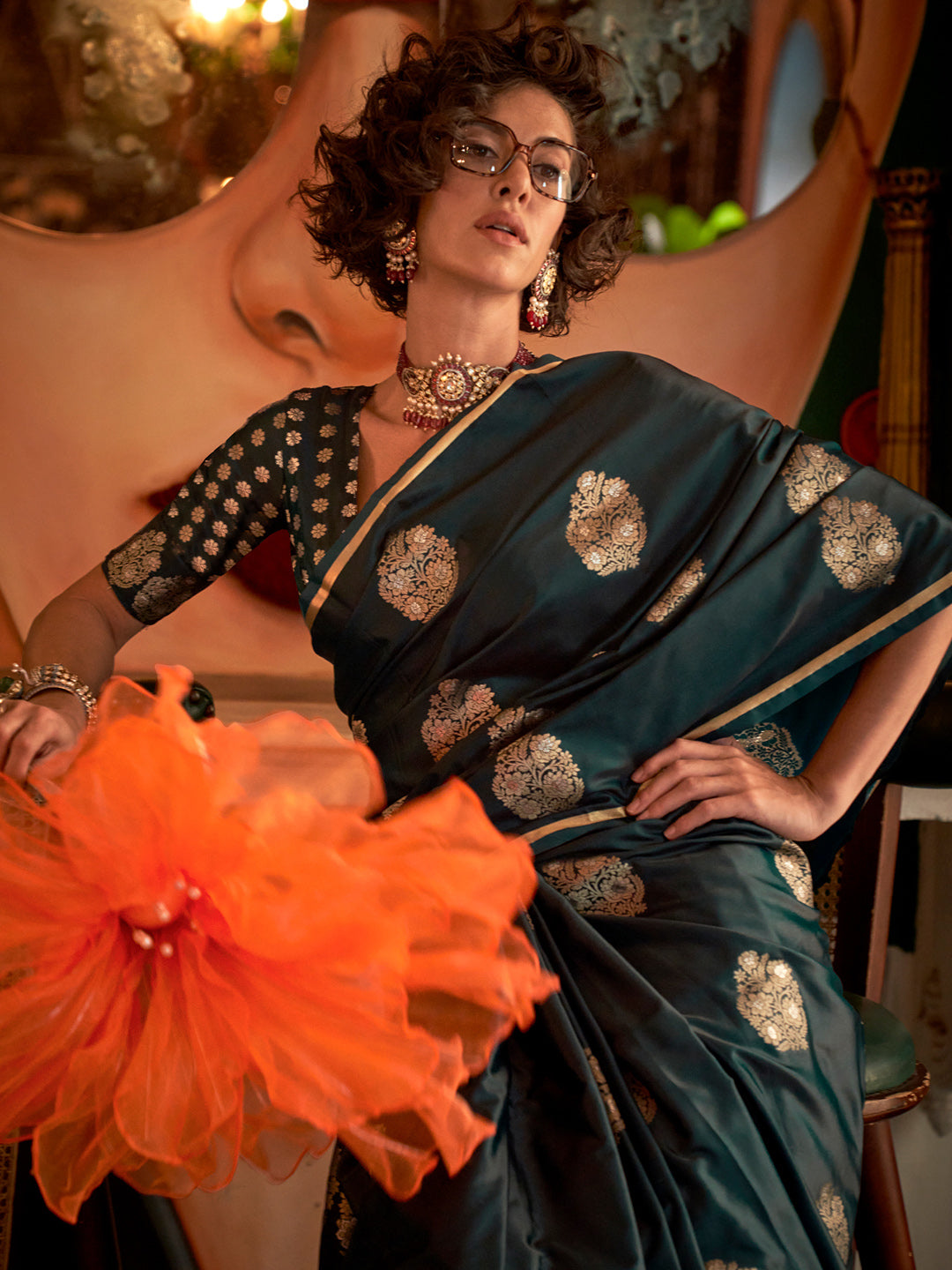 NOZ2TOZ Women's Satin Silk Dark Green Woven Design Designer Saree With Blouse Piece - Distacart