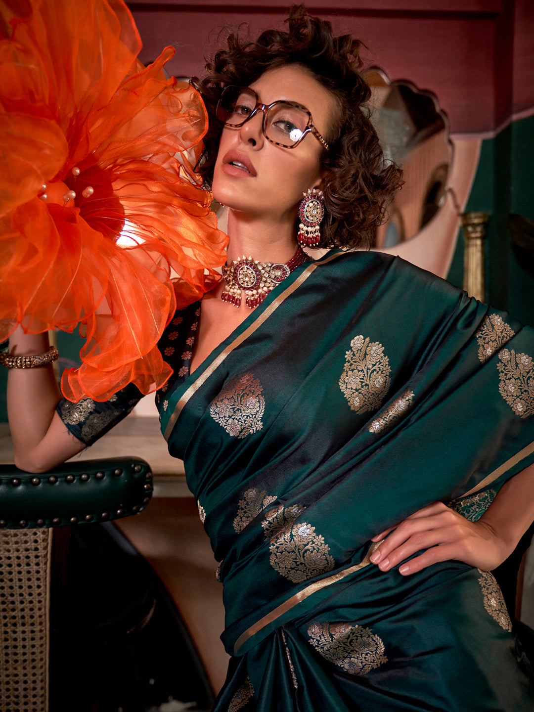 NOZ2TOZ Women's Satin Silk Dark Green Woven Design Designer Saree With Blouse Piece - Distacart