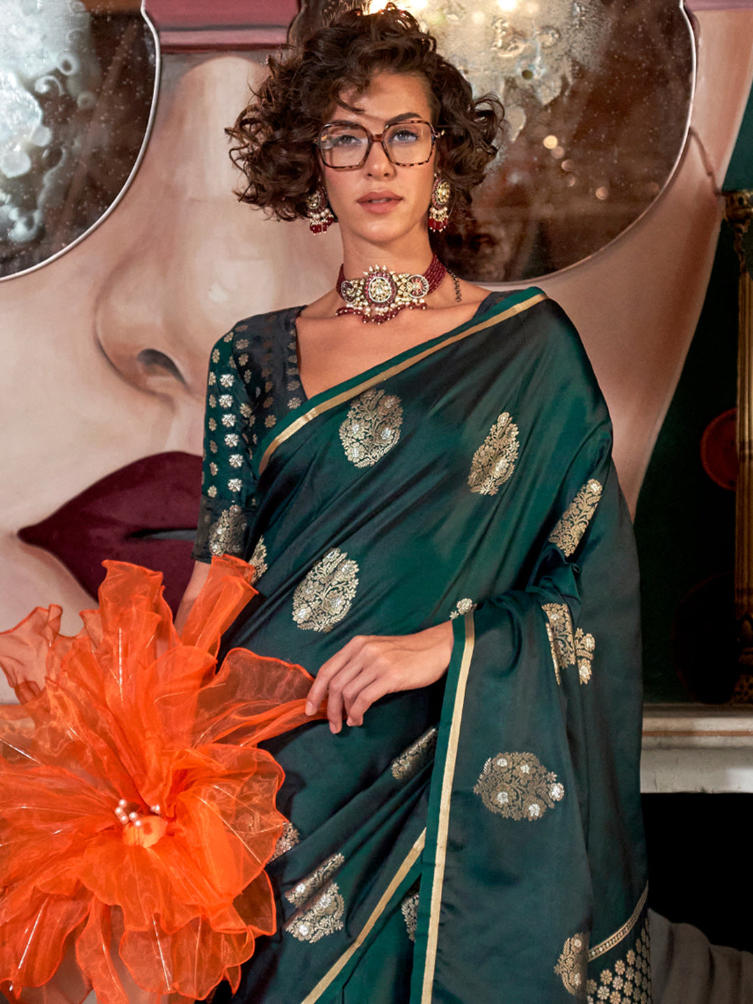 NOZ2TOZ Women's Satin Silk Dark Green Woven Design Designer Saree With Blouse Piece - Distacart