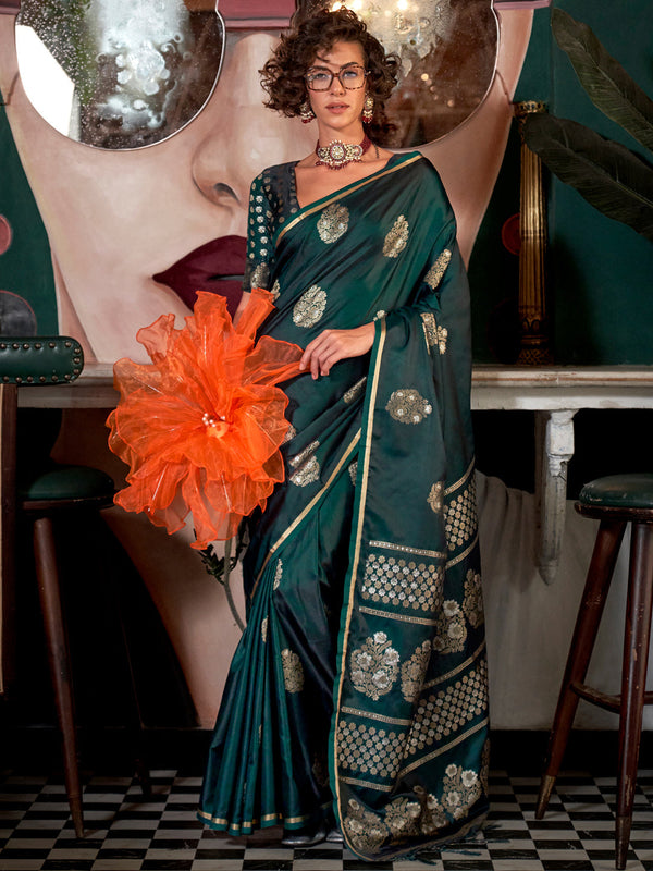 NOZ2TOZ Women's Satin Silk Dark Green Woven Design Designer Saree With Blouse Piece - Distacart