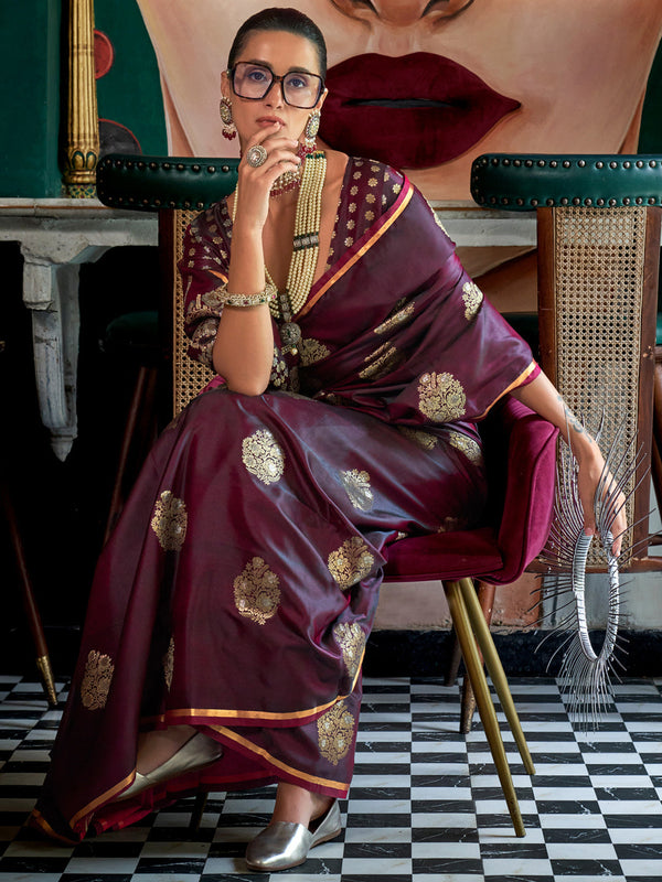 NOZ2TOZ Women's Satin Silk Burgundy Woven Design Designer Saree With Blouse Piece - Distacart