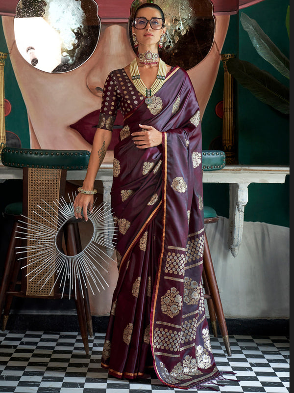 NOZ2TOZ Women's Satin Silk Burgundy Woven Design Designer Saree With Blouse Piece - Distacart