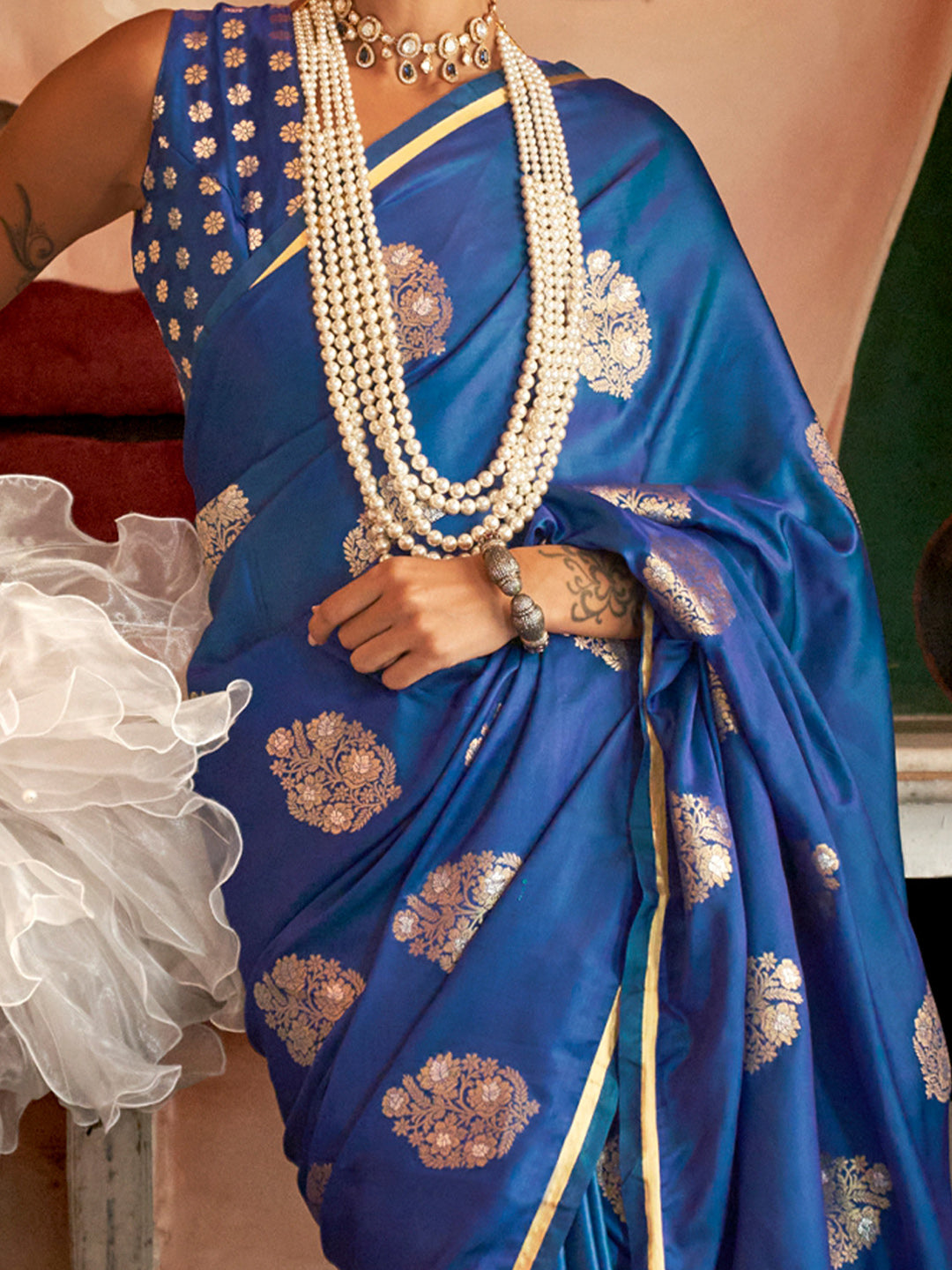 NOZ2TOZ Women's Satin Silk Blue Woven Design Designer Saree With Blouse Piece - Distacart