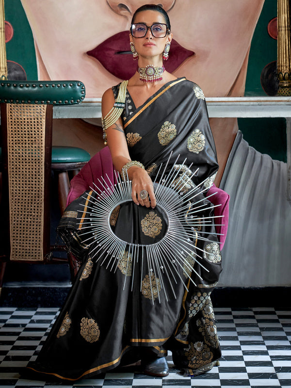 NOZ2TOZ Women's Satin Silk Black Woven Design Designer Saree With Blouse Piece - Distacart