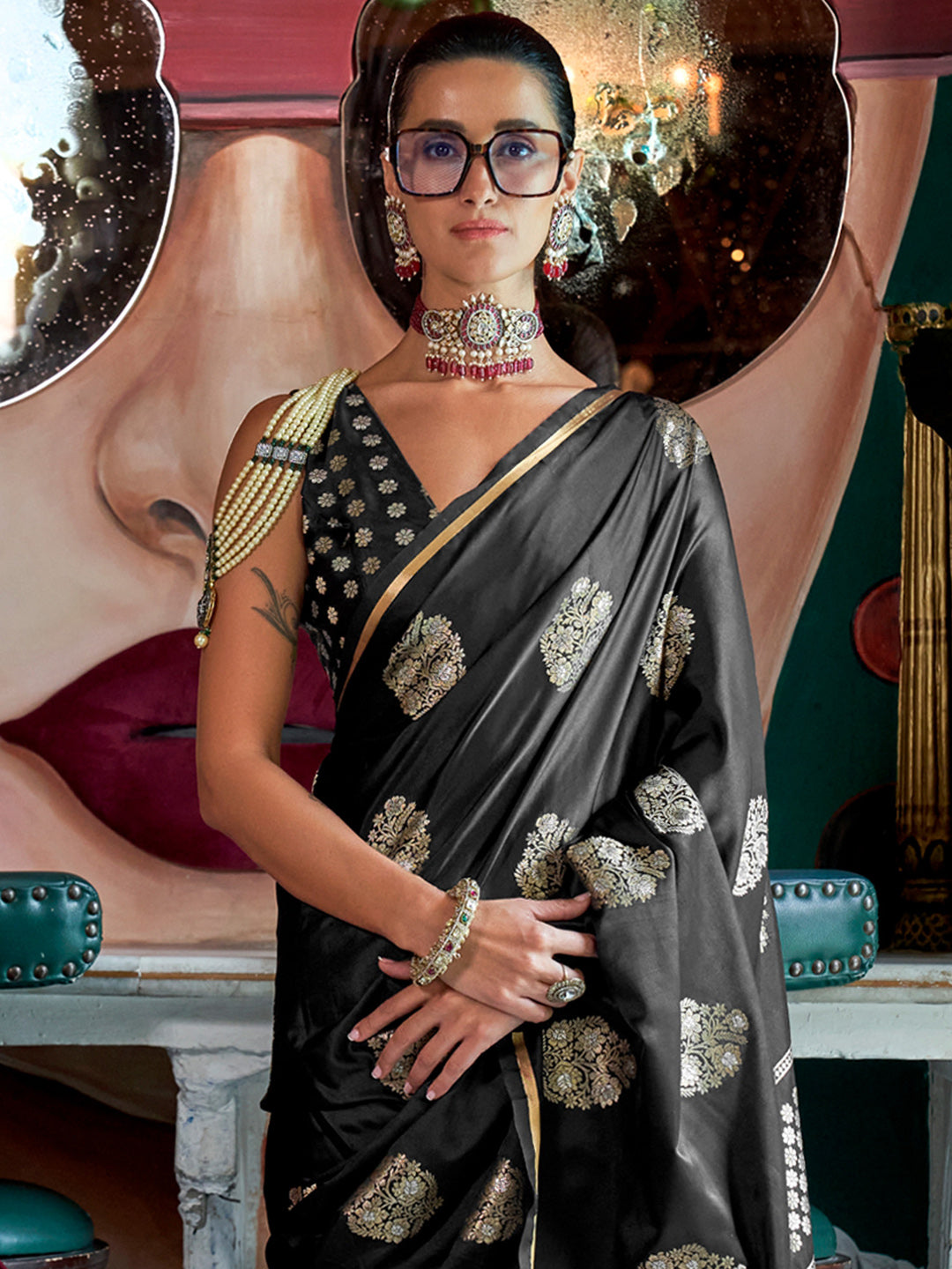 NOZ2TOZ Women's Satin Silk Black Woven Design Designer Saree With Blouse Piece - Distacart