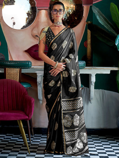 NOZ2TOZ Women's Satin Silk Black Woven Design Designer Saree With Blouse Piece - Distacart