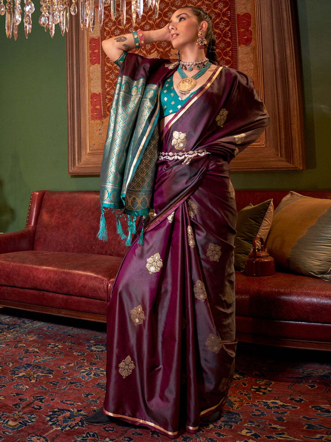 NOZ2TOZ Women's Satin Silk Teal blue Woven Design Designer Saree With Blouse Piece - Distacart